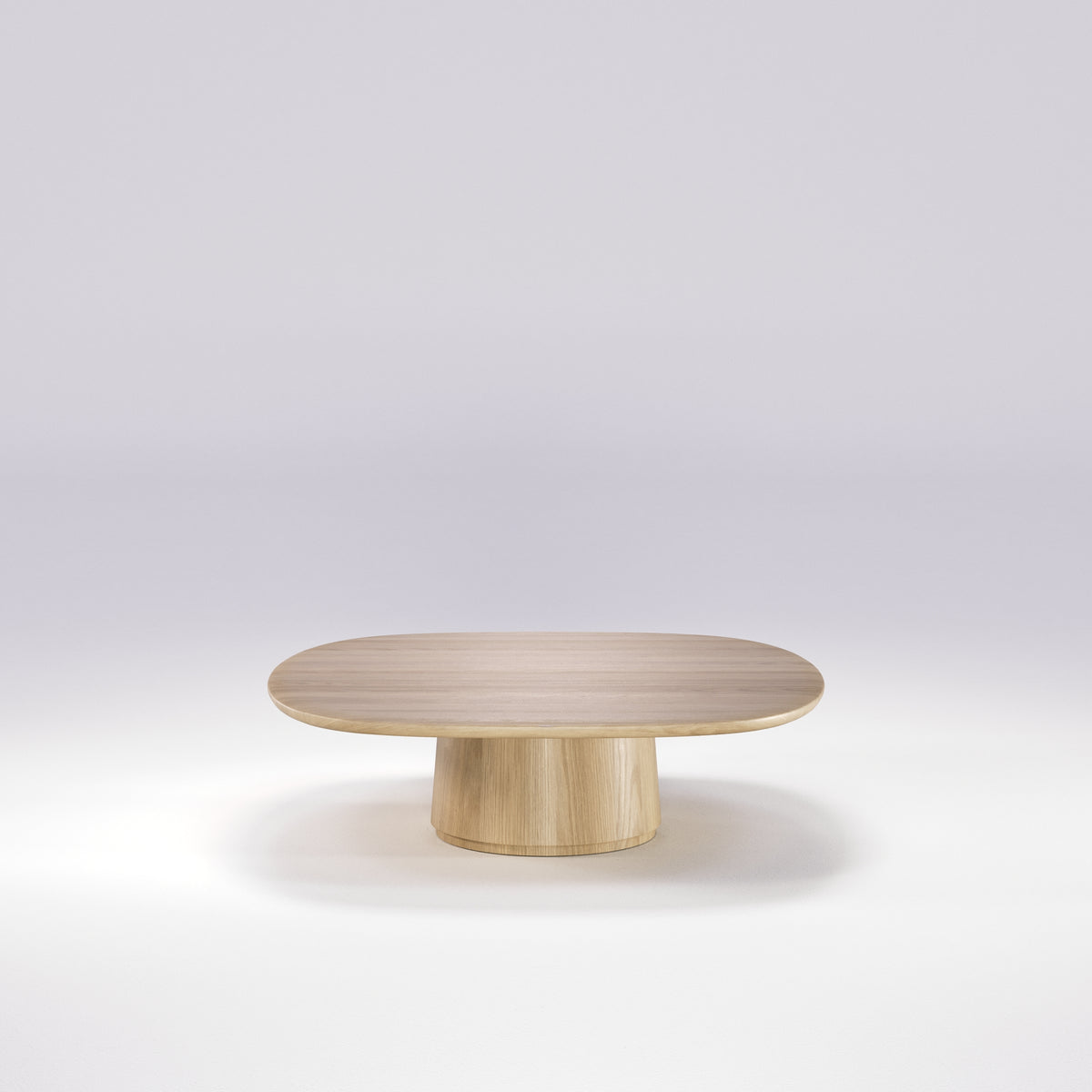Table basse Amos de 100 cm en chêne naturel vue de face, sur son fût conique