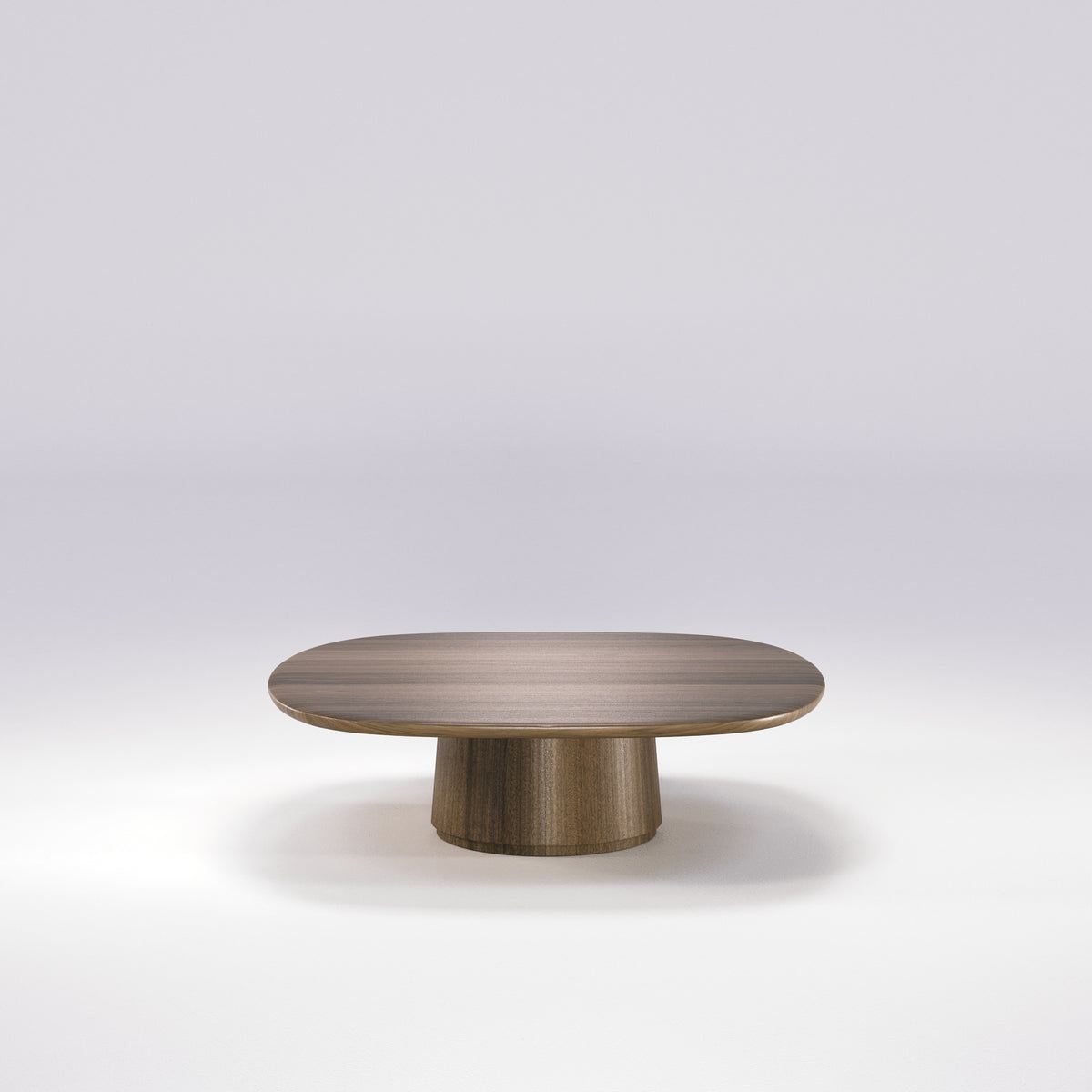 Table basse Amos de 100 cm en noyer foncé vue de face, sur son fût conique