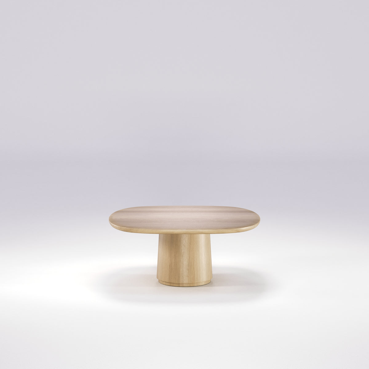 Table basse Amos de 80 cm en chêne naturel vue de face, sur son fût conique