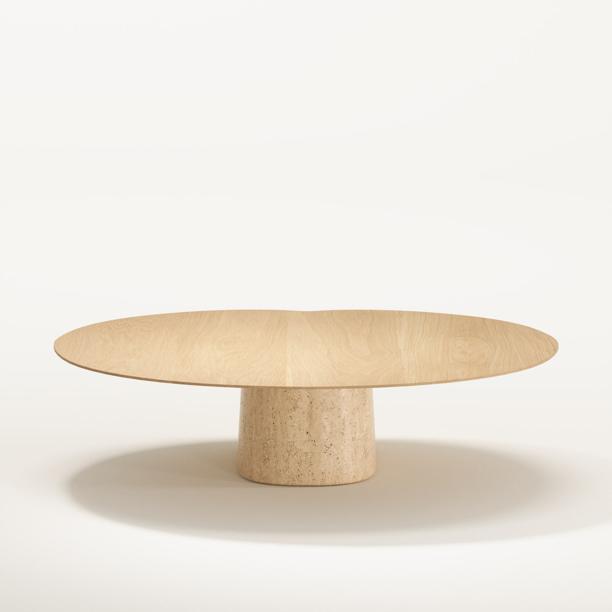 Table basse Anchor en chêne naturel vue de dos sur son socle en travertin