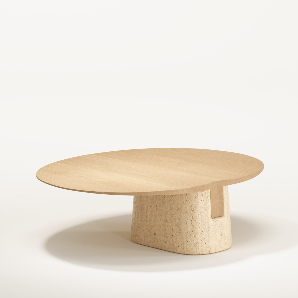 Table basse Anchor en chêne naturel vue de trois quarts avec le tenon engagé dans le socle