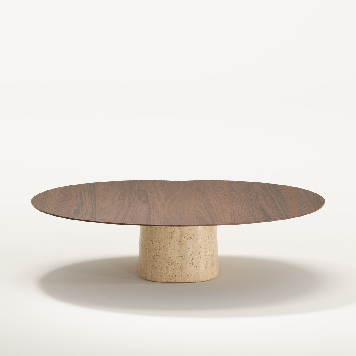 Table basse Anchor en noyer foncé vue de dos sur son socle en travertin