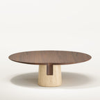 Table basse Anchor plateau en noyer foncé et socle en travertin vue de face