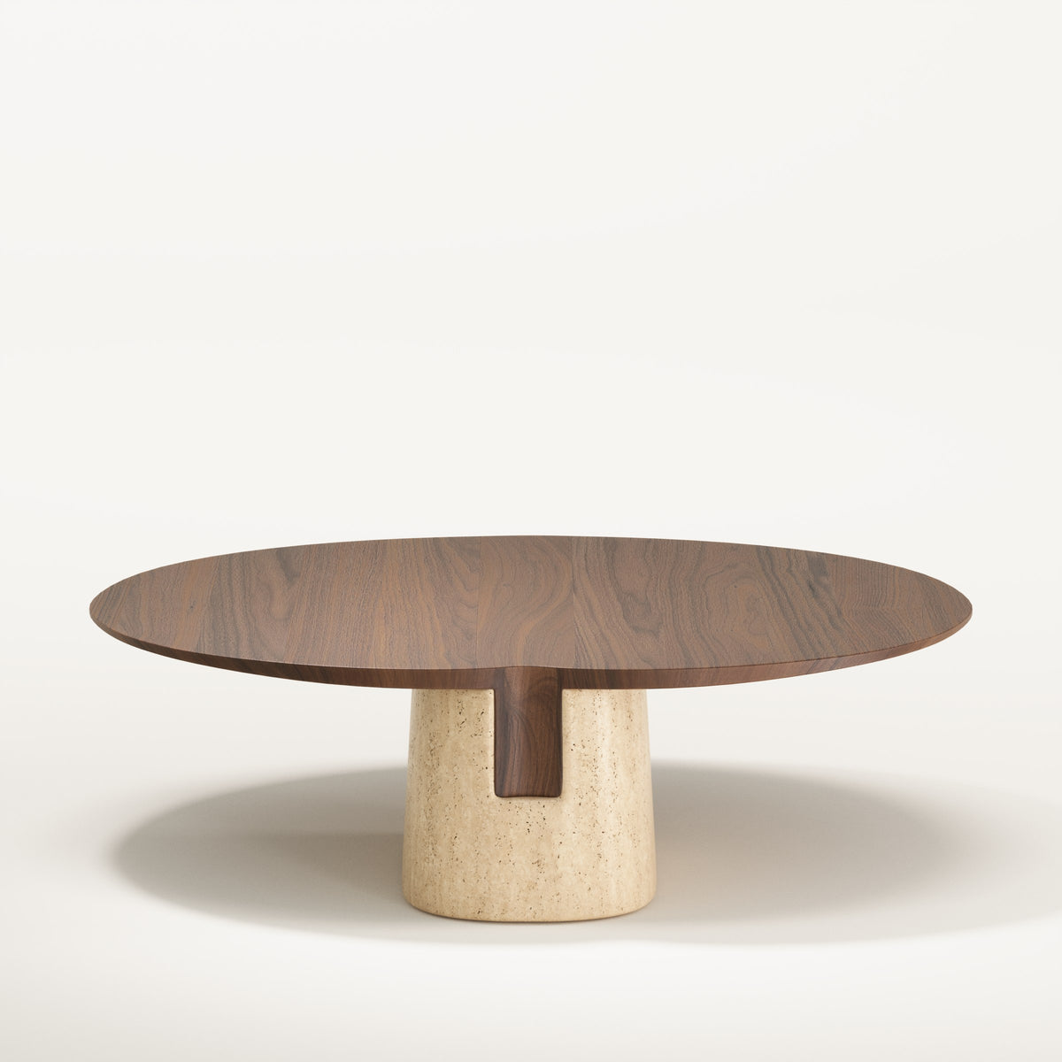 Table basse Anchor plateau en noyer foncé et socle en travertin vue de face