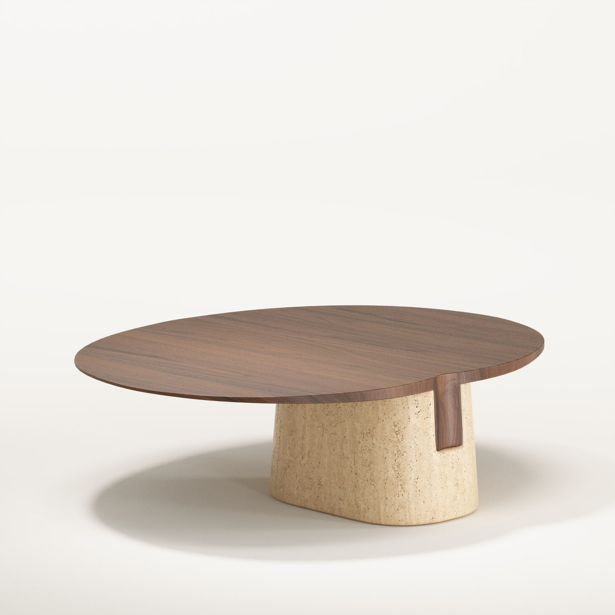 Table basse Anchor en noyer foncé vue de trois quarts avec le tenon engagé dans le socle