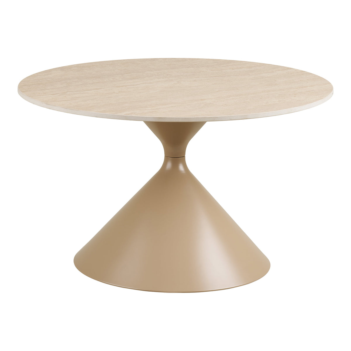 Table basse ronde Annecy au plateau effet travertin sur son pied sablier sable vue de face sur fond blanc