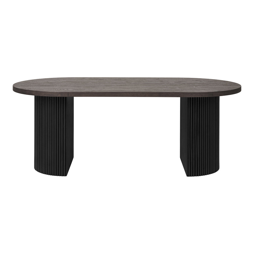 Table basse ovale Boavista brun foncé colonnes cannelées noires vue de face 120 cm