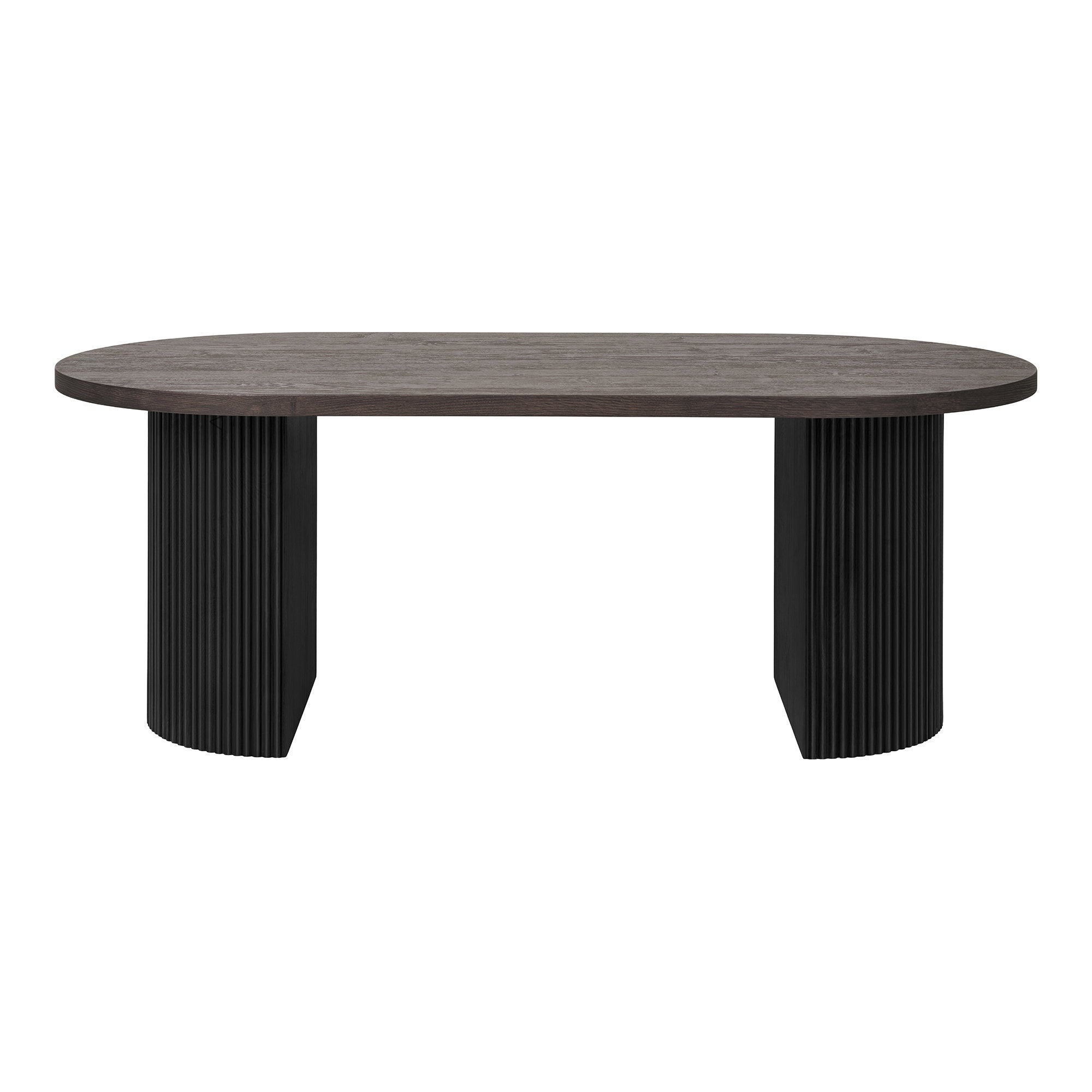 Table basse ovale Boavista brun foncé colonnes cannelées noires vue de face 120 cm