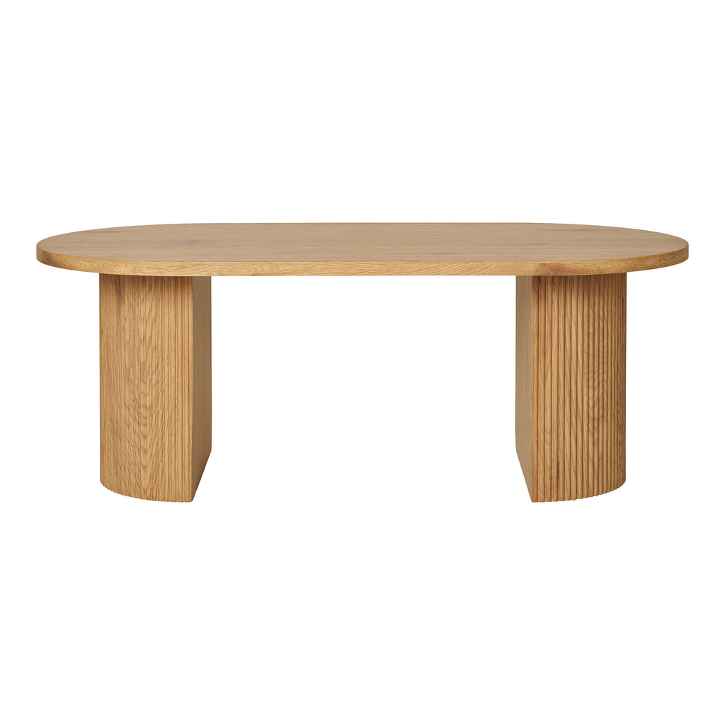 Table basse ovale Boavista chêne naturel colonnes cannelées vue de face 120 cm