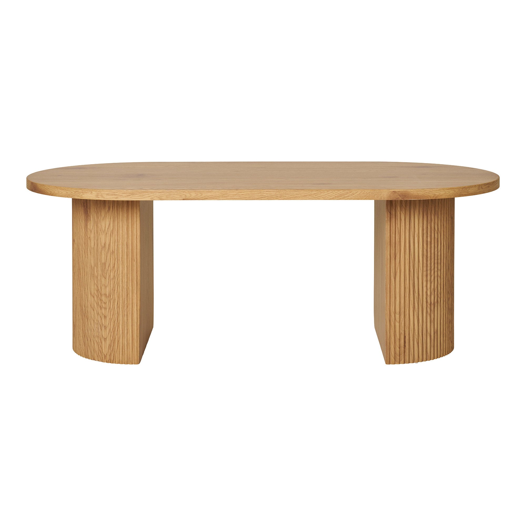 Table basse ovale Boavista chêne naturel colonnes cannelées vue de face 120 cm