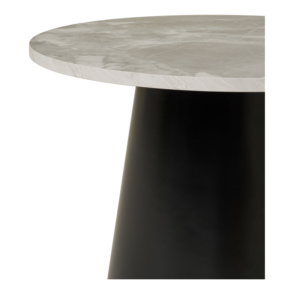 Détail jonction plateau marbre gris et piédestal conique noir table basse Brito