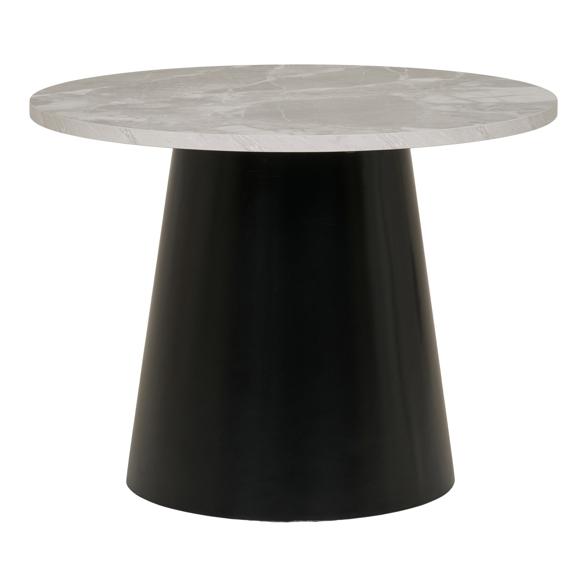 Table basse ronde Brito effet marbre gris piédestal conique noir vue de face Ø60 cm