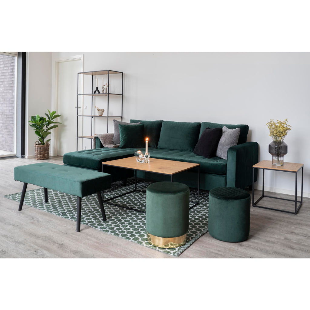 Table basse Vita chêne naturel noir salon complet canapé velours vert banquette et poufs