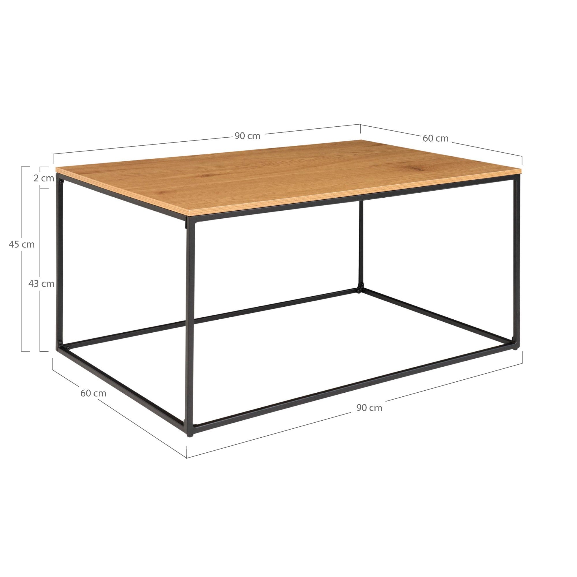 Table basse Vita chêne naturel cadre noir avec cotes 90x60x45 cm épaisseur plateau 2 cm