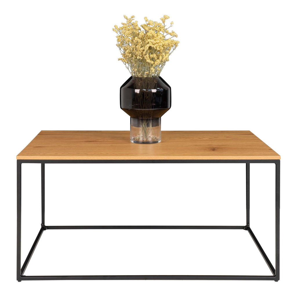 Table basse Vita chêne naturel vue de face avec vase verre fumé et fleurs séchées