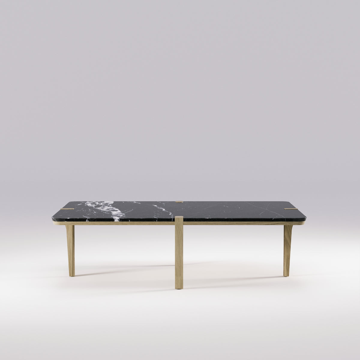 Table basse Corner Chêne naturel vue de face avec son plateau de marbre