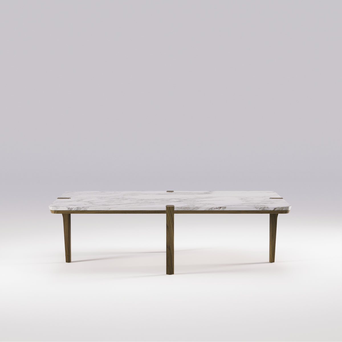 Table basse Corner Noyer foncé vue de face avec son plateau de marbre