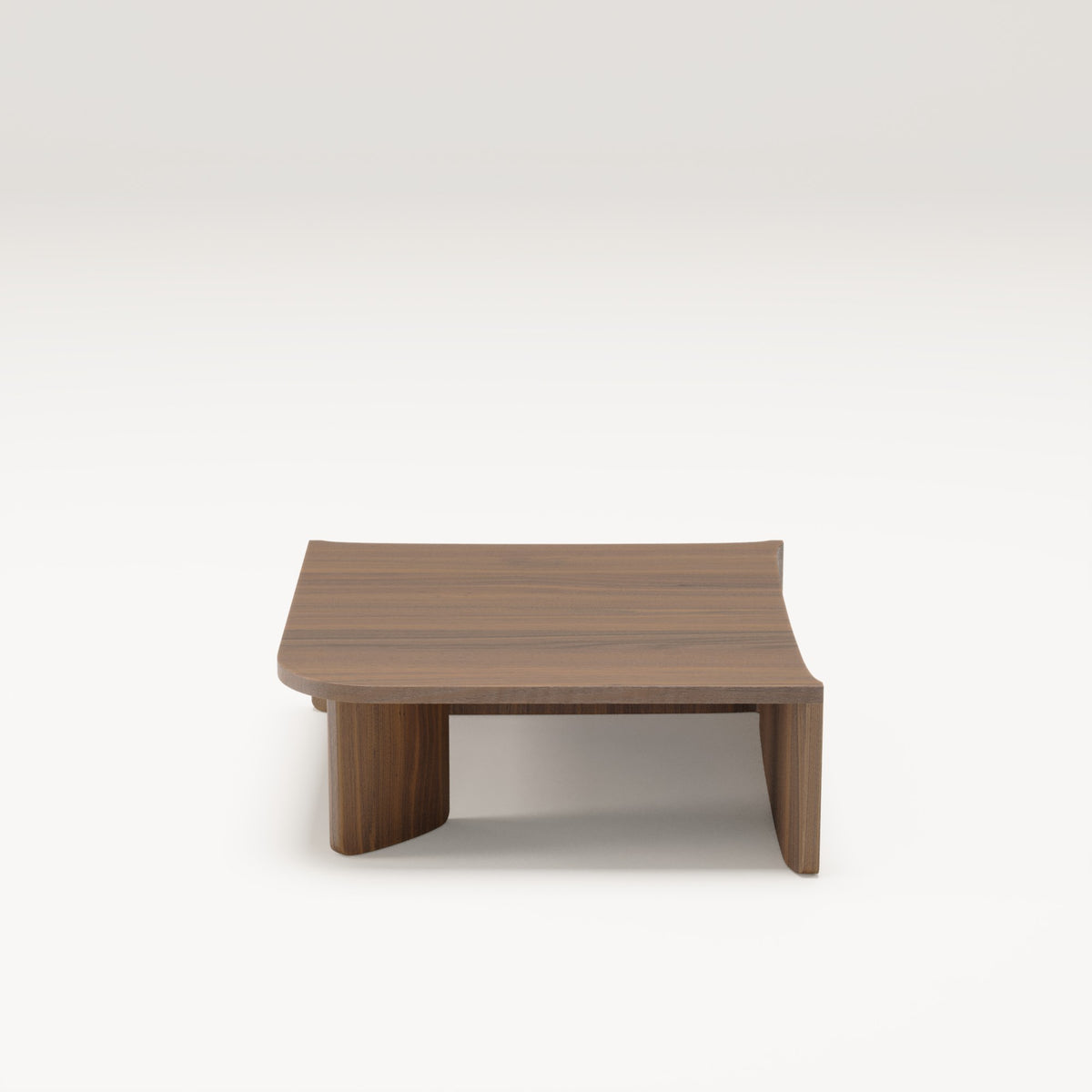 Table d'angle Dome en noyer foncé vue de face sur ses joues pleines