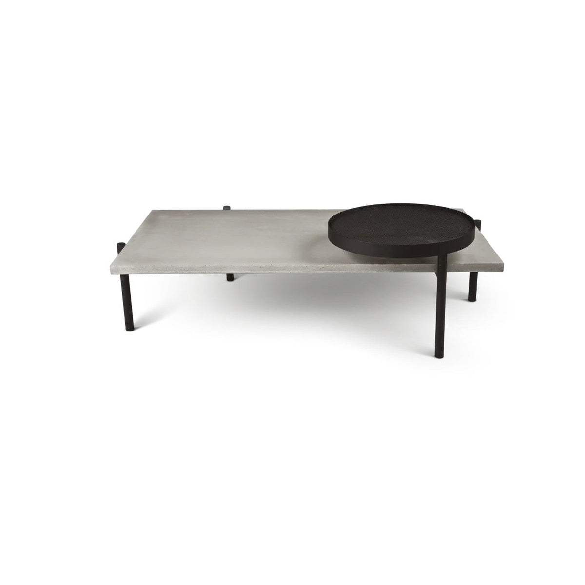 Table basse Twist en béton gris sur pieds noirs avec son plateau rond perforé au-dessus d'une extrémité