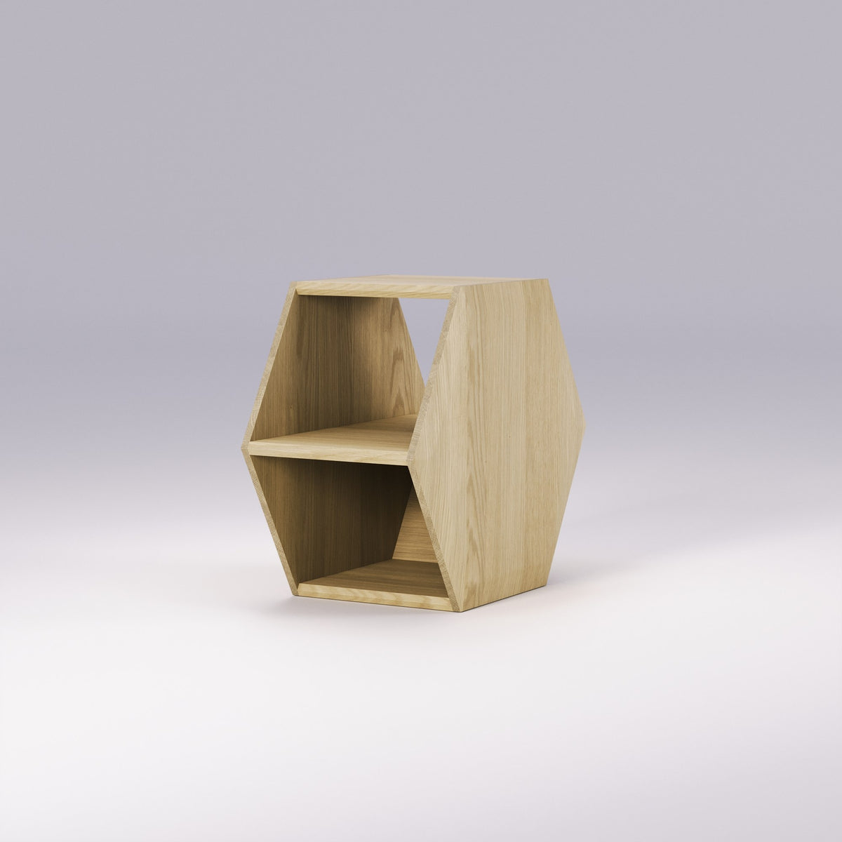 Table Hexa en chêne naturel posée debout, ses deux niches visibles