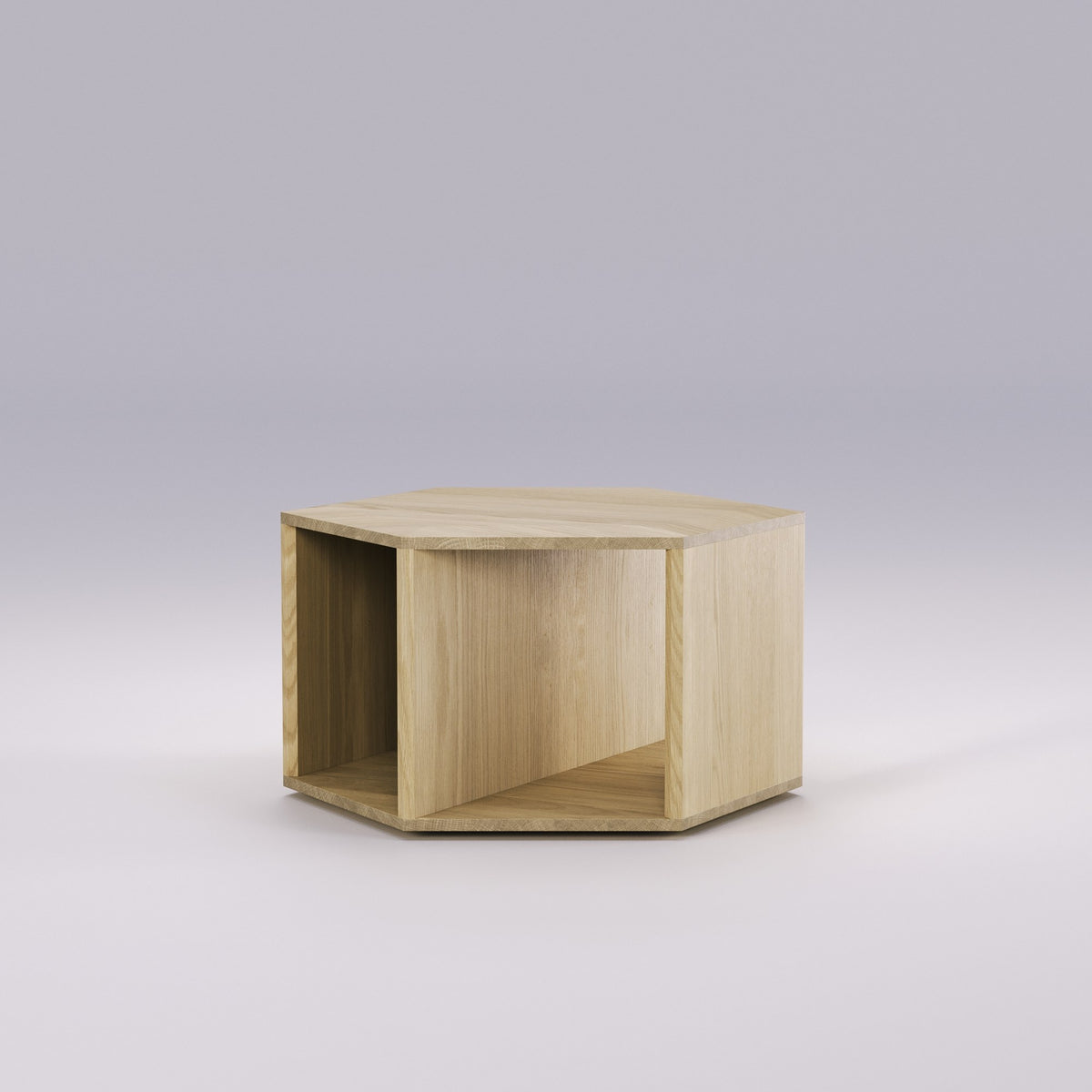 Table basse Hexa en chêne naturel posée à plat