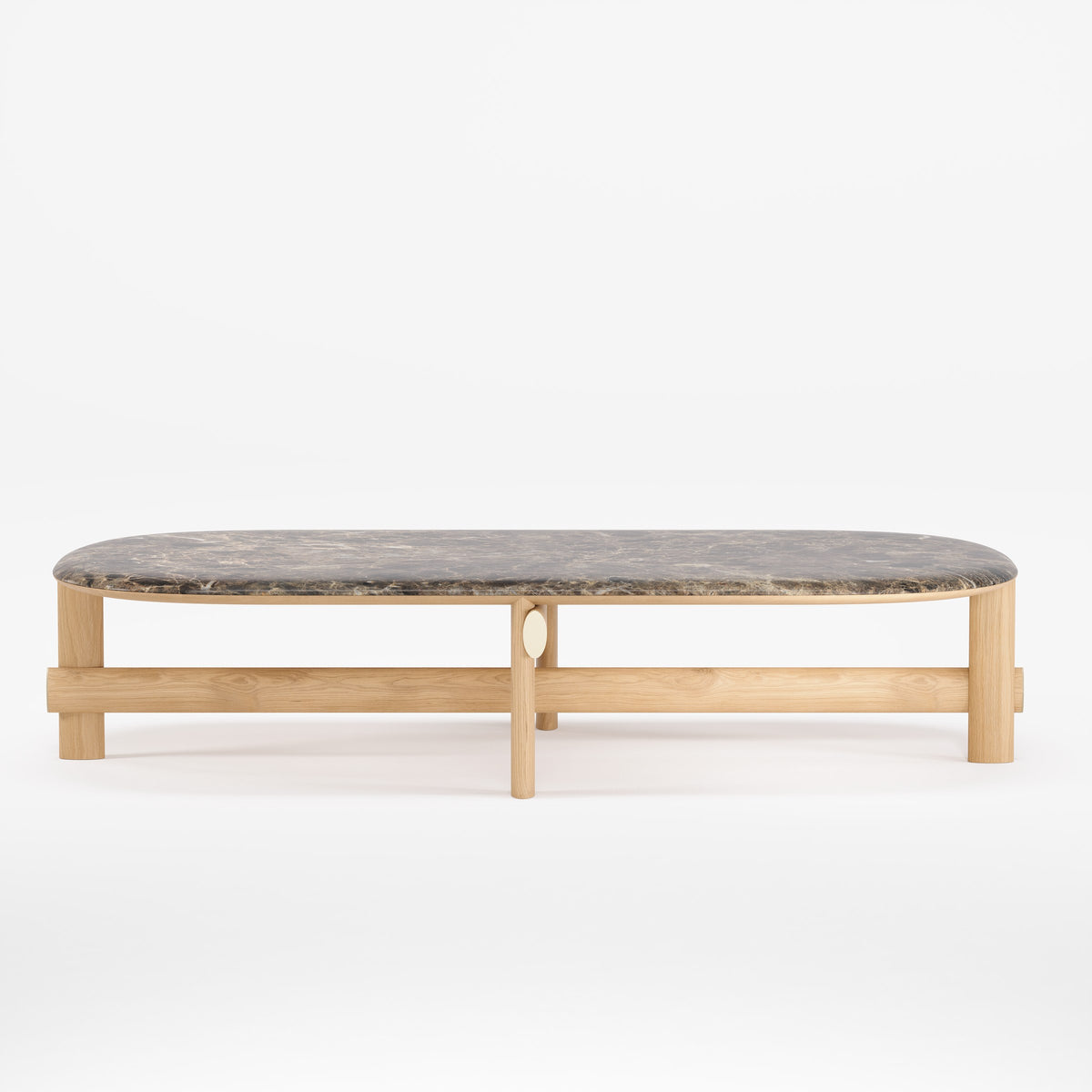 Table basse ovale Kaya Chêne naturel à plateau de marbre sombre vue de face