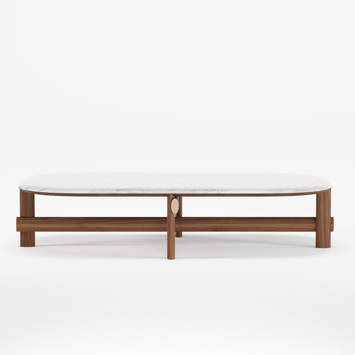 Table basse ovale Kaya Noyer foncé à plateau de marbre clair vue de face