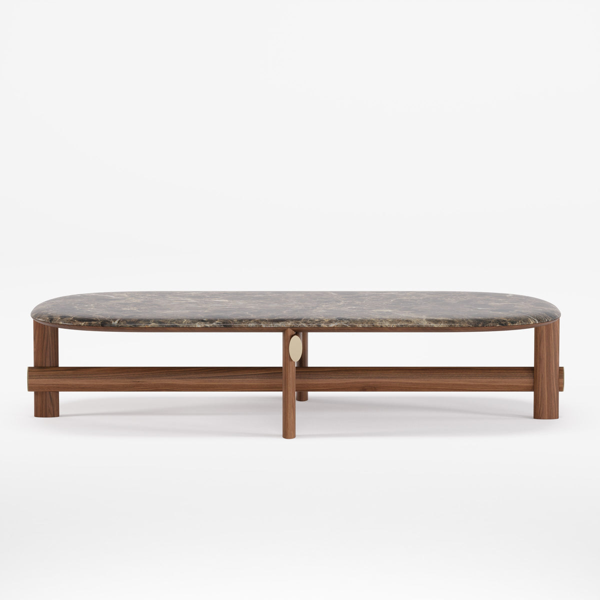 Table basse ovale Kaya Noyer foncé à plateau de marbre sombre vue de face