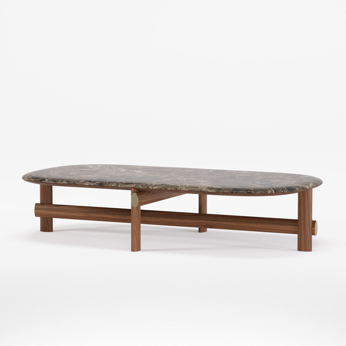 Table basse ovale Kaya Noyer foncé à plateau de marbre sombre vue de trois quarts