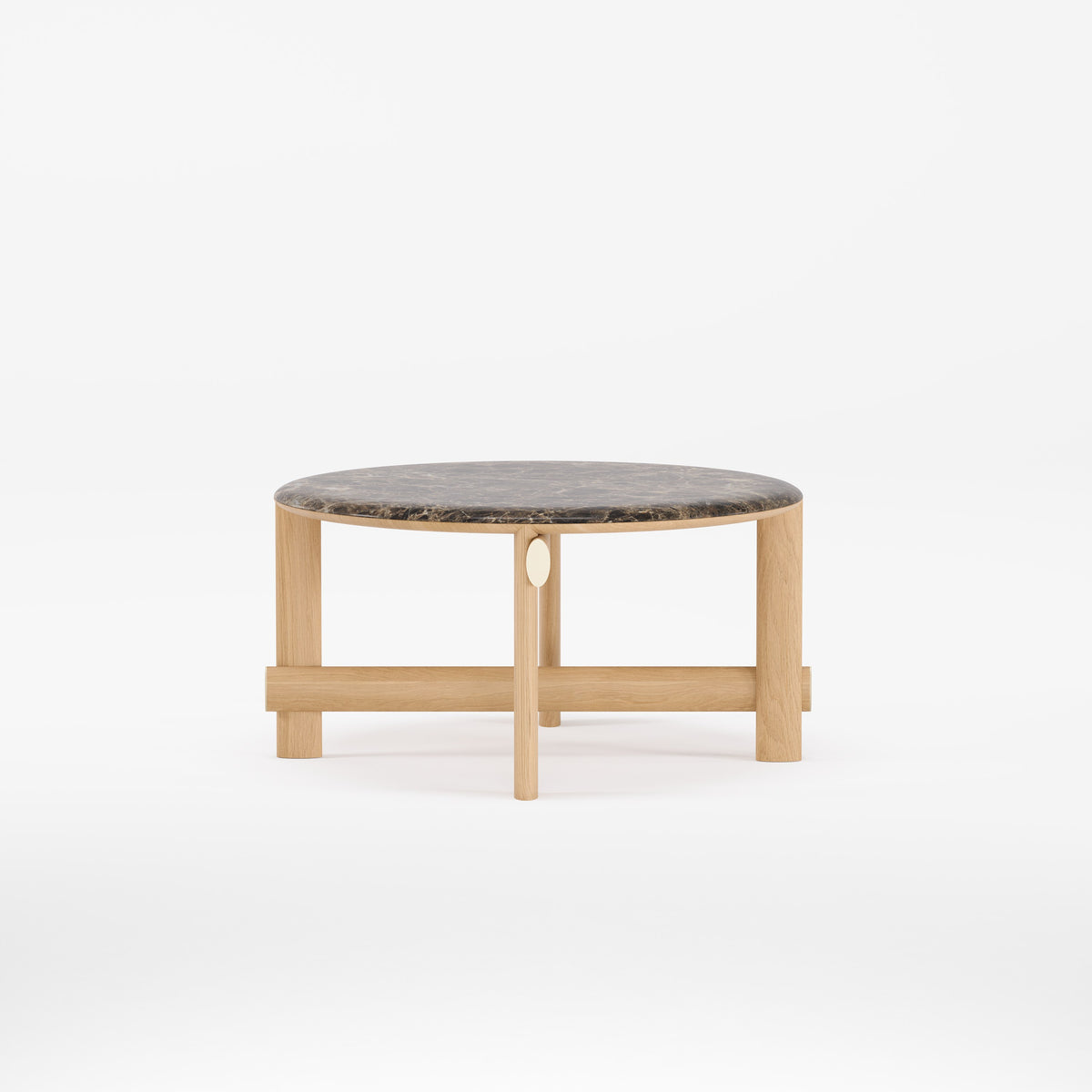 Table basse ronde Kaya en chêne naturel à plateau de marbre brun vue de face
