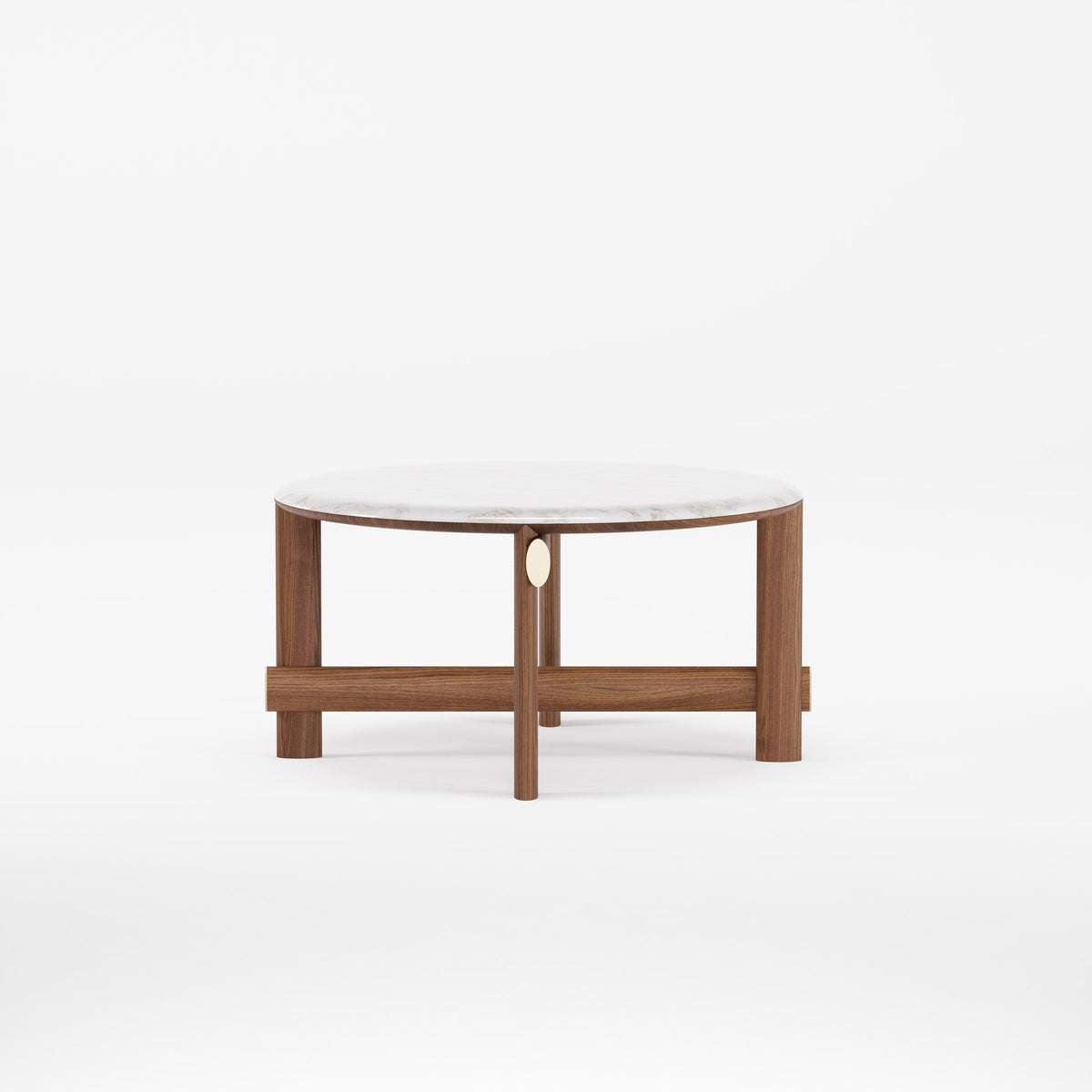 Table basse ronde Kaya Noyer foncé à plateau de marbre clair vue de face