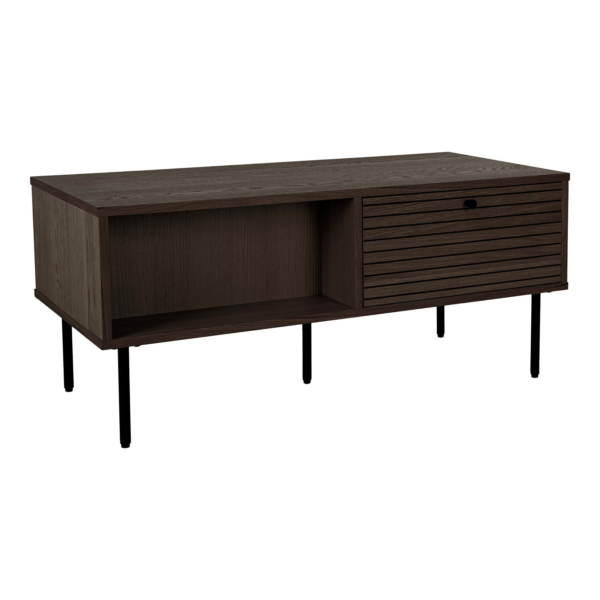 Table basse Kyoto placage chêne fumé 100x50x45 cm pieds métal noir vue trois quarts