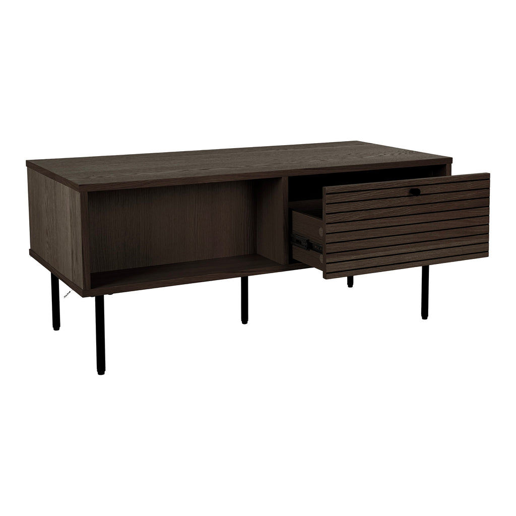 Table basse Kyoto chêne fumé vue trois quarts tiroir ouvert glissières métal noir