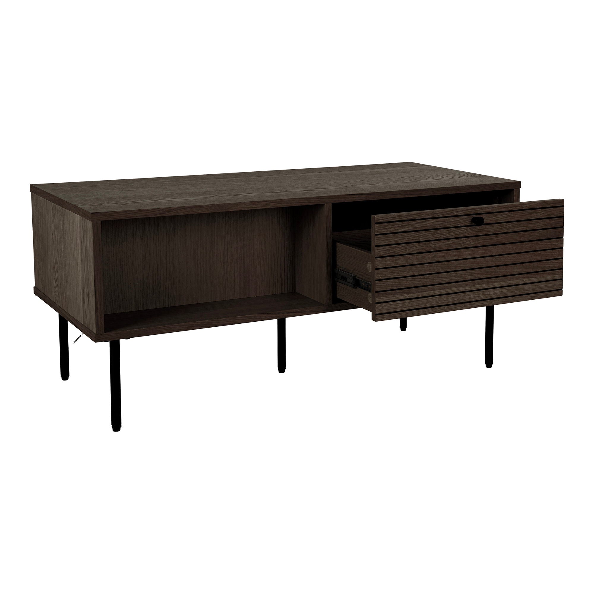 Table basse Kyoto chêne fumé vue trois quarts tiroir ouvert glissières métal noir