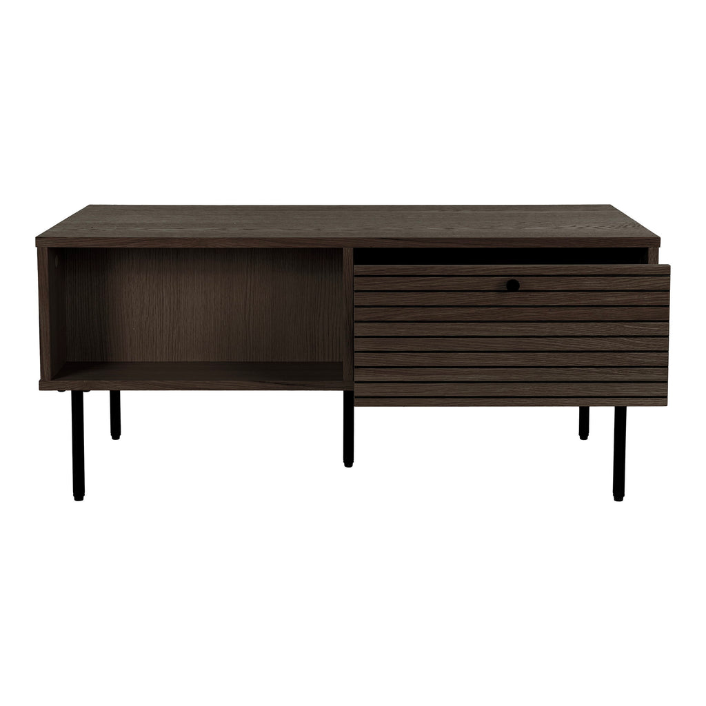 Table basse Kyoto chêne fumé vue arrière deux tiroirs ouverts glissières intégrées
