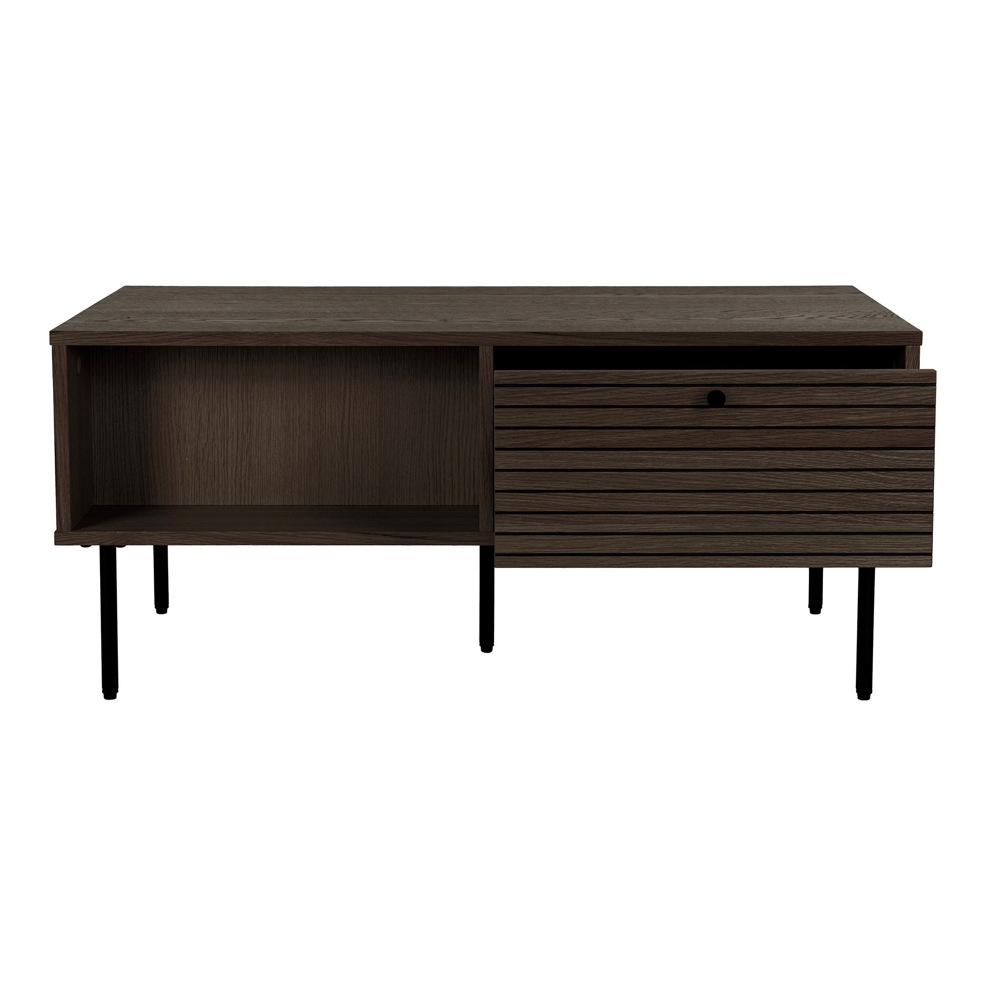 Table basse Kyoto chêne fumé vue arrière deux tiroirs ouverts glissières intégrées