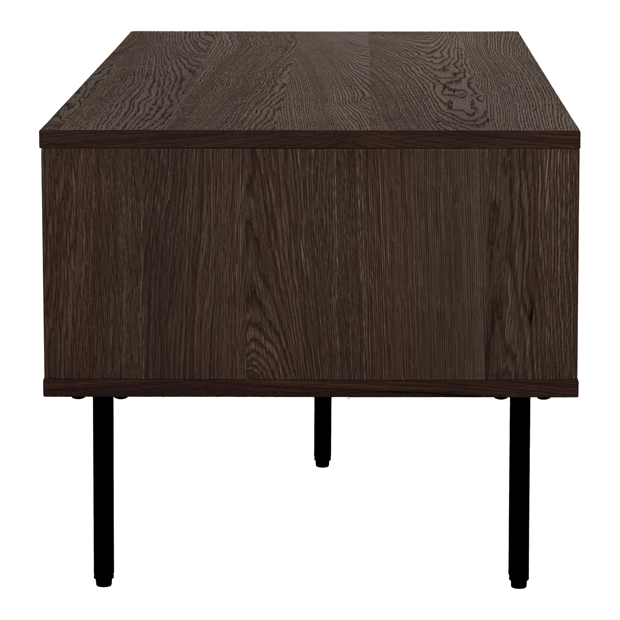 Table basse Kyoto placage chêne fumé vue de profil texture veinage brun pieds métal noir