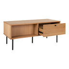 Table basse Kyoto chêne naturel tiroir ouvert vue trois quarts glissières métal noir
