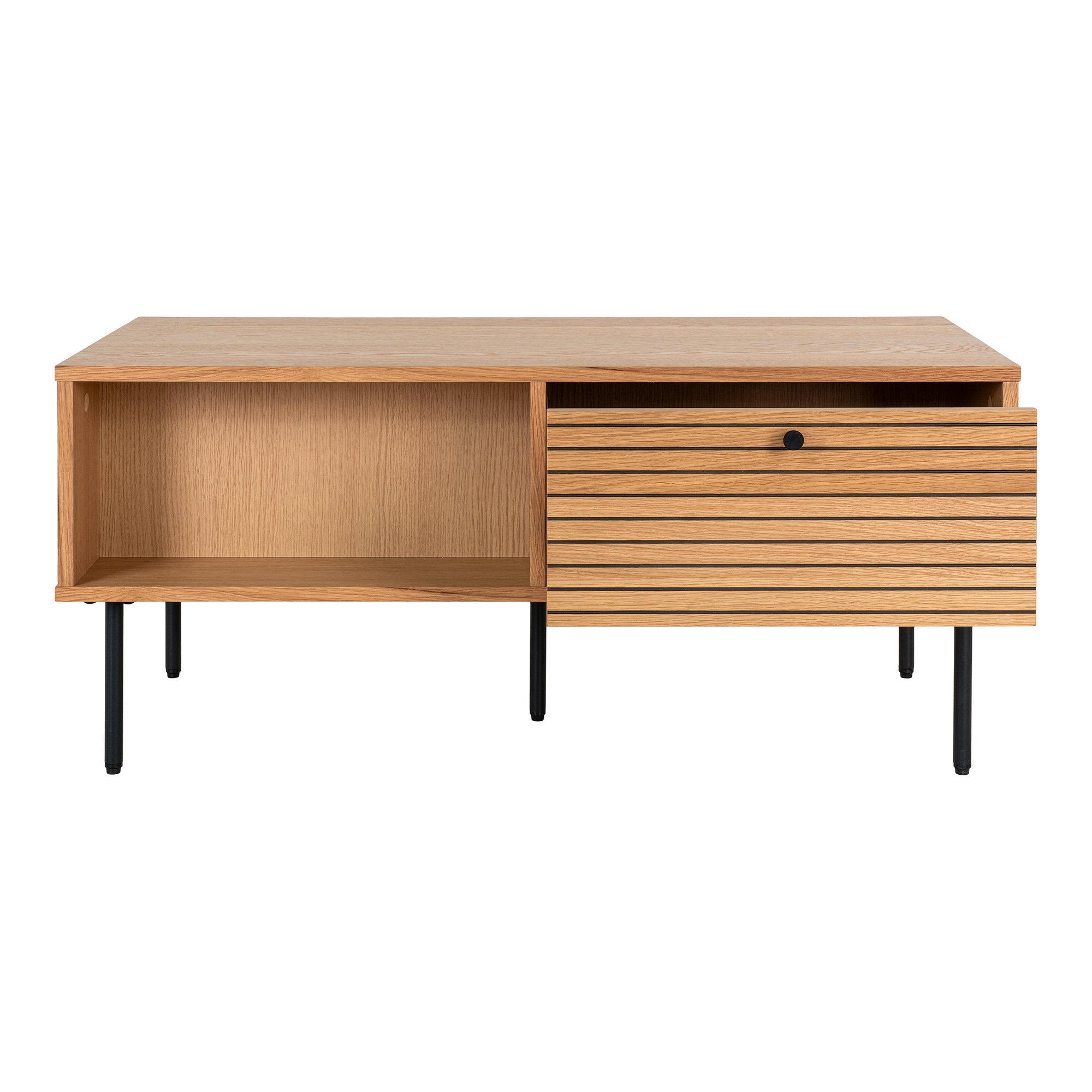Table basse Kyoto chêne vue arrière deux tiroirs ouverts glissières intégrées