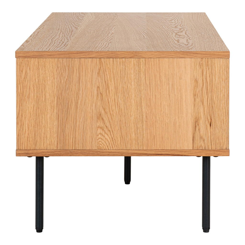 Table basse Kyoto placage chêne naturel vue de profil texture veinage pieds métal noir