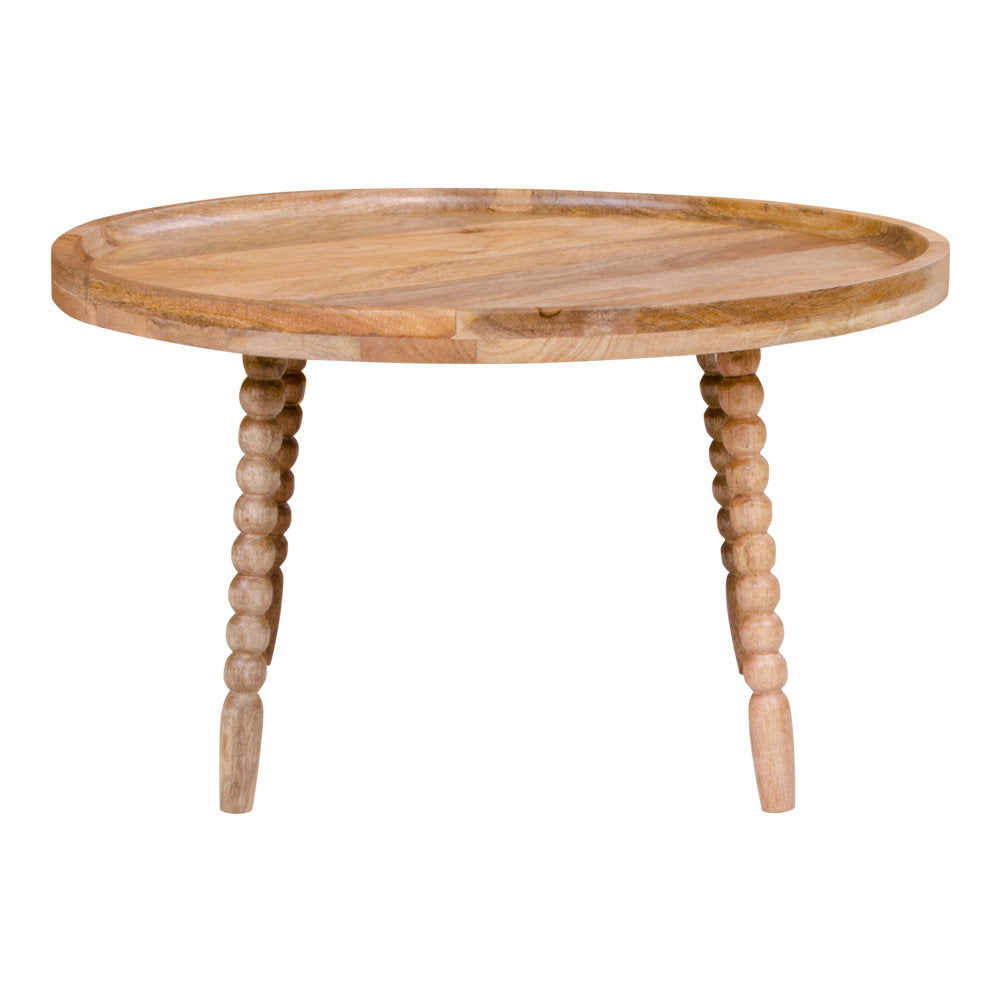 Table basse ronde Jammu manguier naturel vue de face pieds bobines sculptés