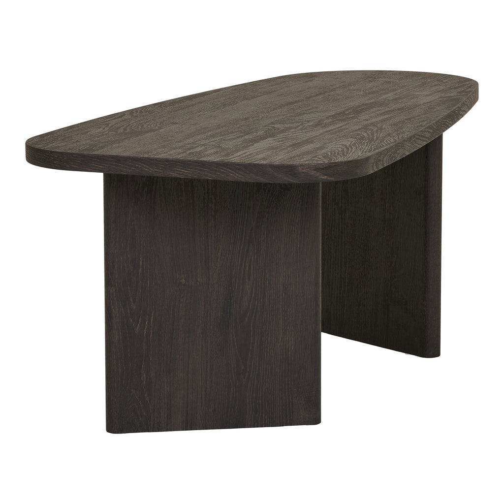 Table basse Melo brun foncé vue de profil pieds lames épais bords arrondis