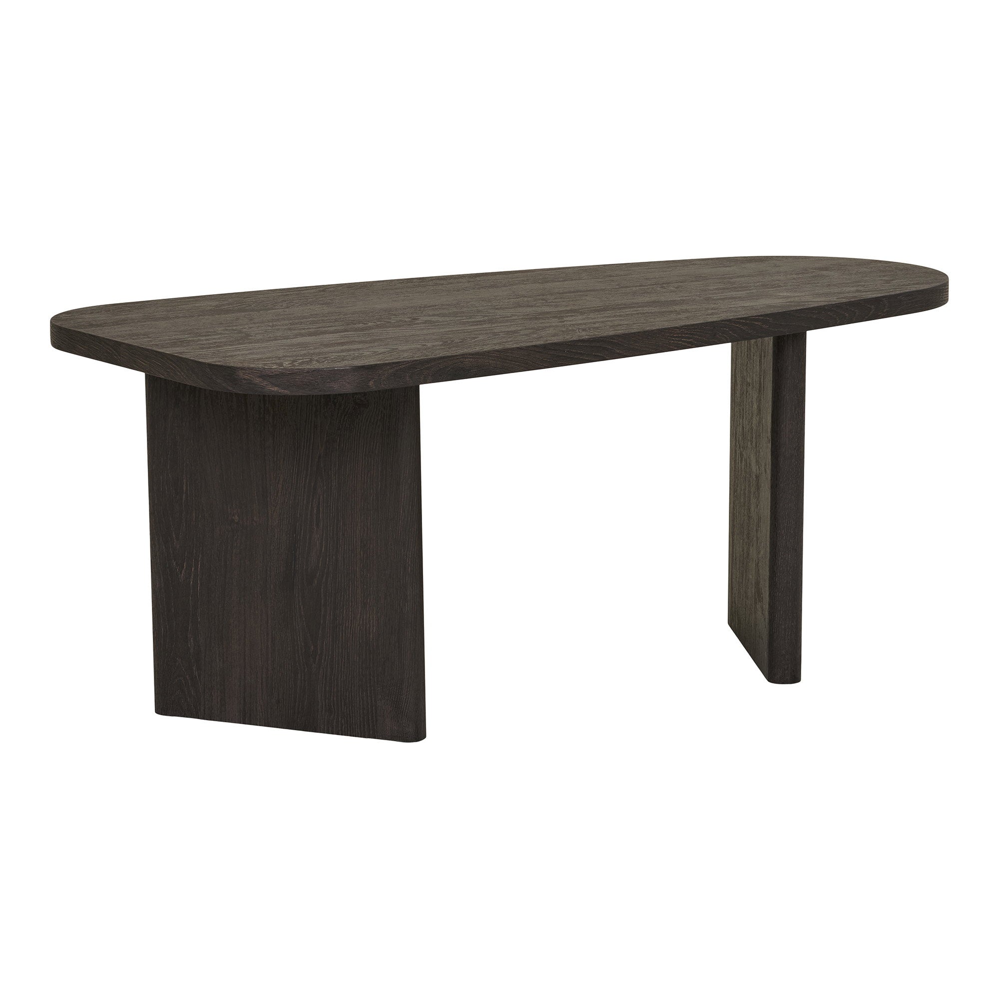 Table basse Melo brun foncé plateau biomorphique pieds lames vue trois quarts