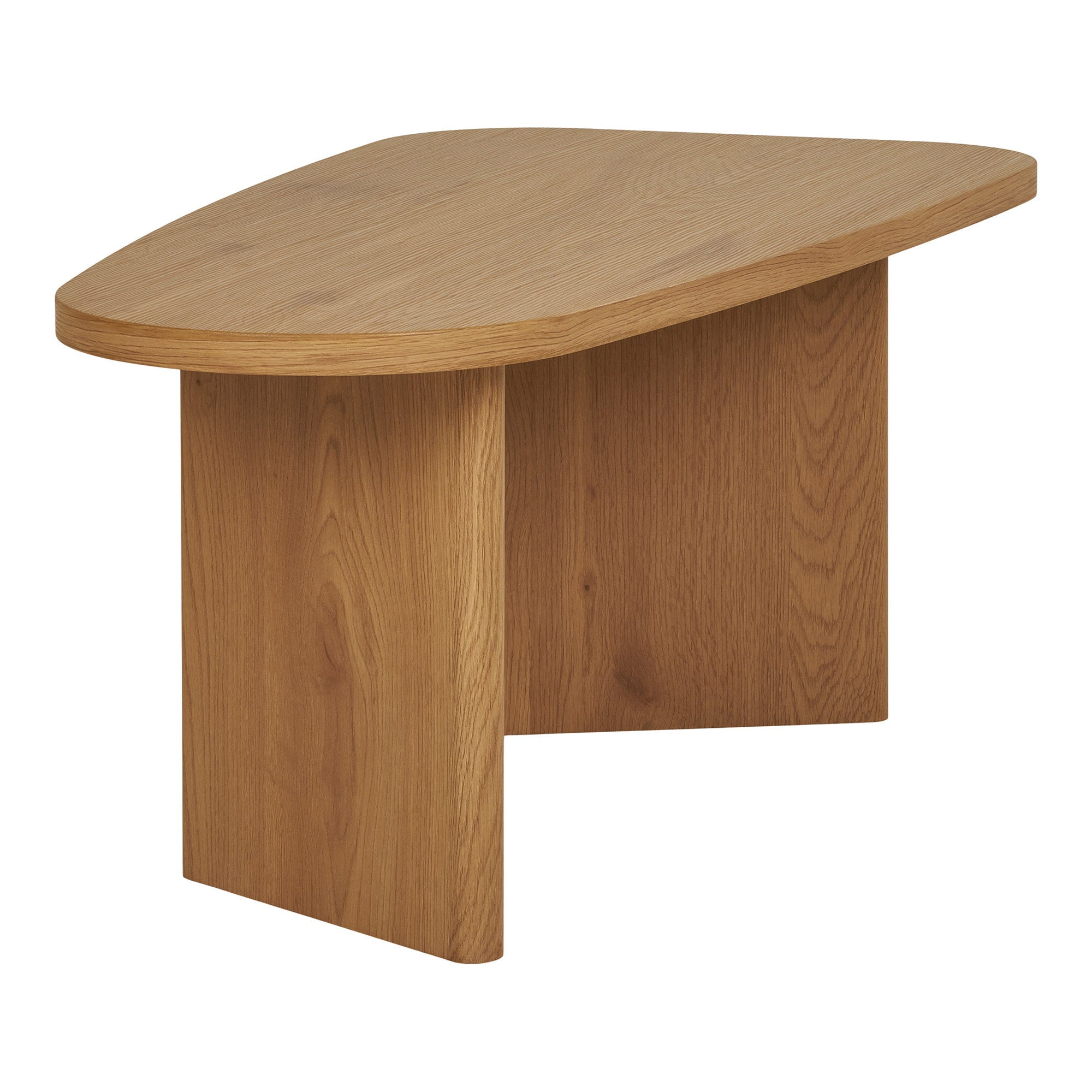 Table basse Melo chêne naturel vue trois quarts haut plateau asymétrique organique