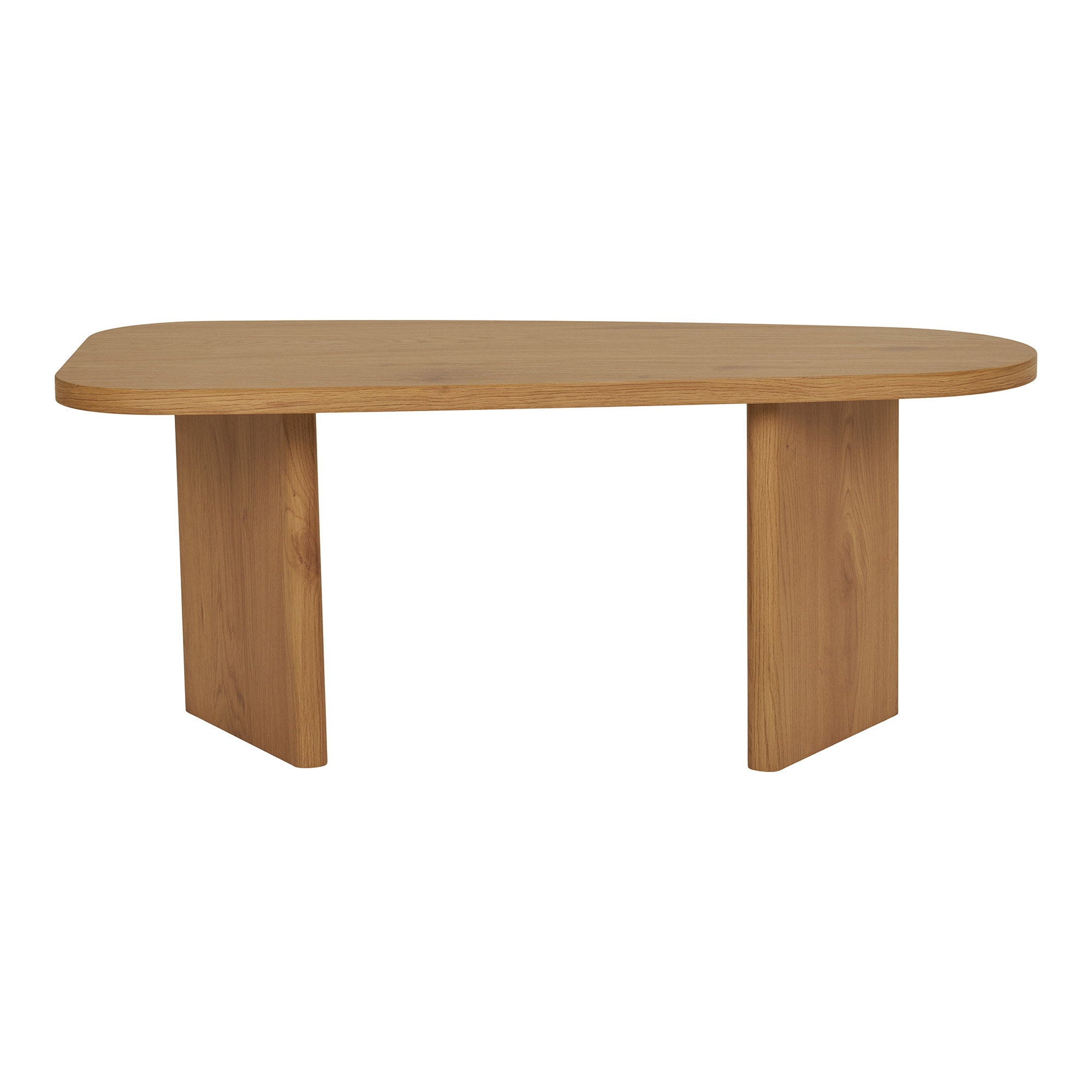 Table basse Melo chêne naturel vue trois quarts plateau organique pieds lames arrondis