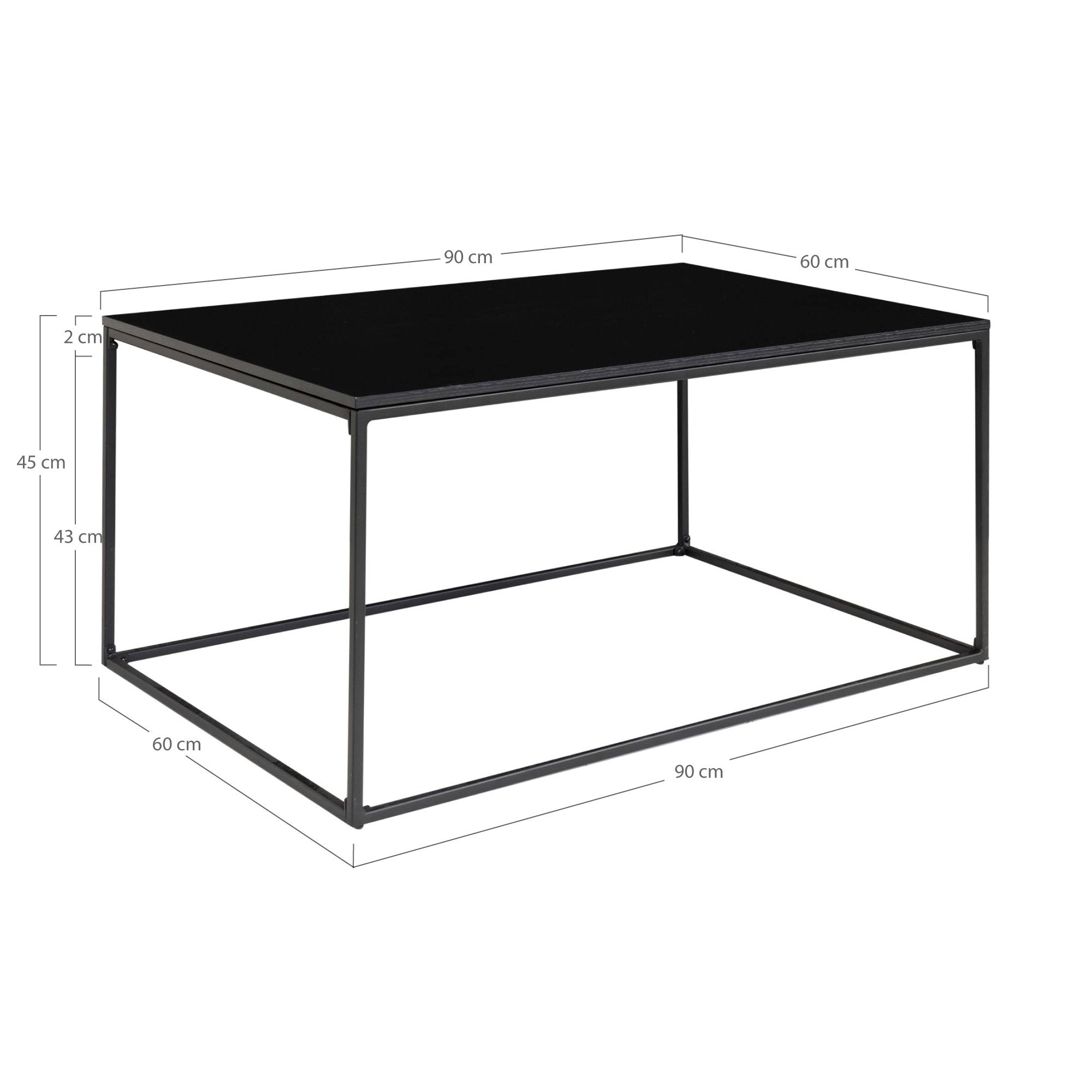 Table basse Vita noire avec cotes 90x60x45 cm épaisseur plateau 2 cm cadre métal