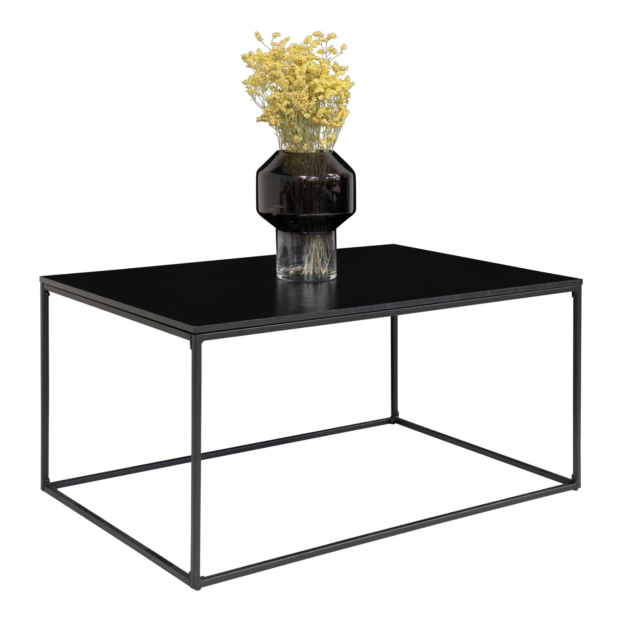 Table basse Vita noire vue trois quarts avec vase verre fumé fleurs séchées fond blanc