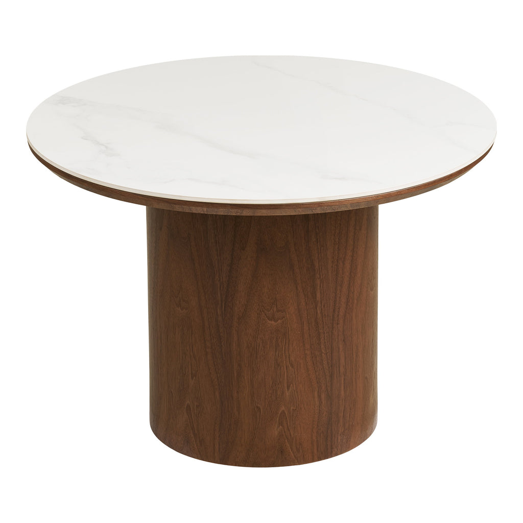 Table basse Noli céramique marbre blanc cylindre noyer foncé vue de face Ø60 cm