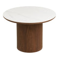 Table basse Noli céramique marbre blanc cylindre noyer foncé vue de face Ø60 cm