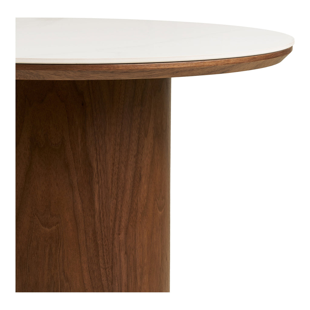 Détail jonction plateau céramique blanc et cylindre noyer table basse Noli tranche